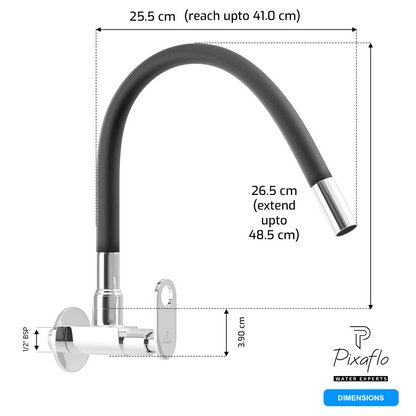 Pixaflo Curio Brass Sink Cock Tap with Wall Flange | with Black Foam Flow 360-degree Swivel Flexible Silicone Swivel Spout for Kitchen Sink | Wall Mounted