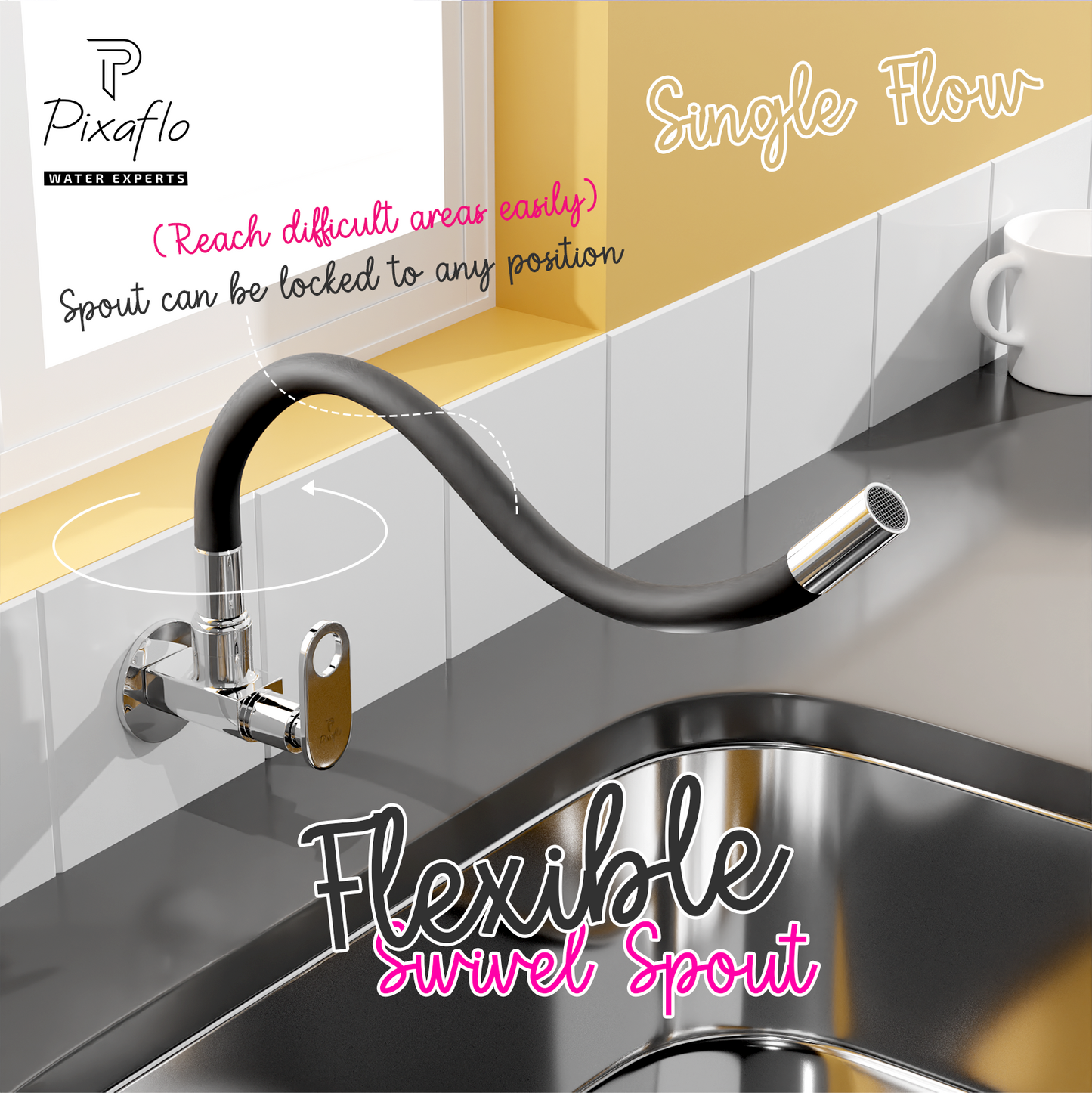 Pixaflo Curio Brass Sink Cock Tap with Wall Flange | with Black Foam Flow 360-degree Swivel Flexible Silicone Swivel Spout for Kitchen Sink | Wall Mounted