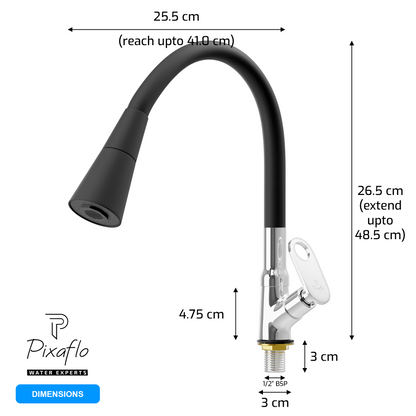 Pixaflo Curio Brass Swan Neck Tap | with Black Dual Flow 360-degree Swivel Flexible Silicone Swivel Spout for Kitchen Sink and Wash Basin