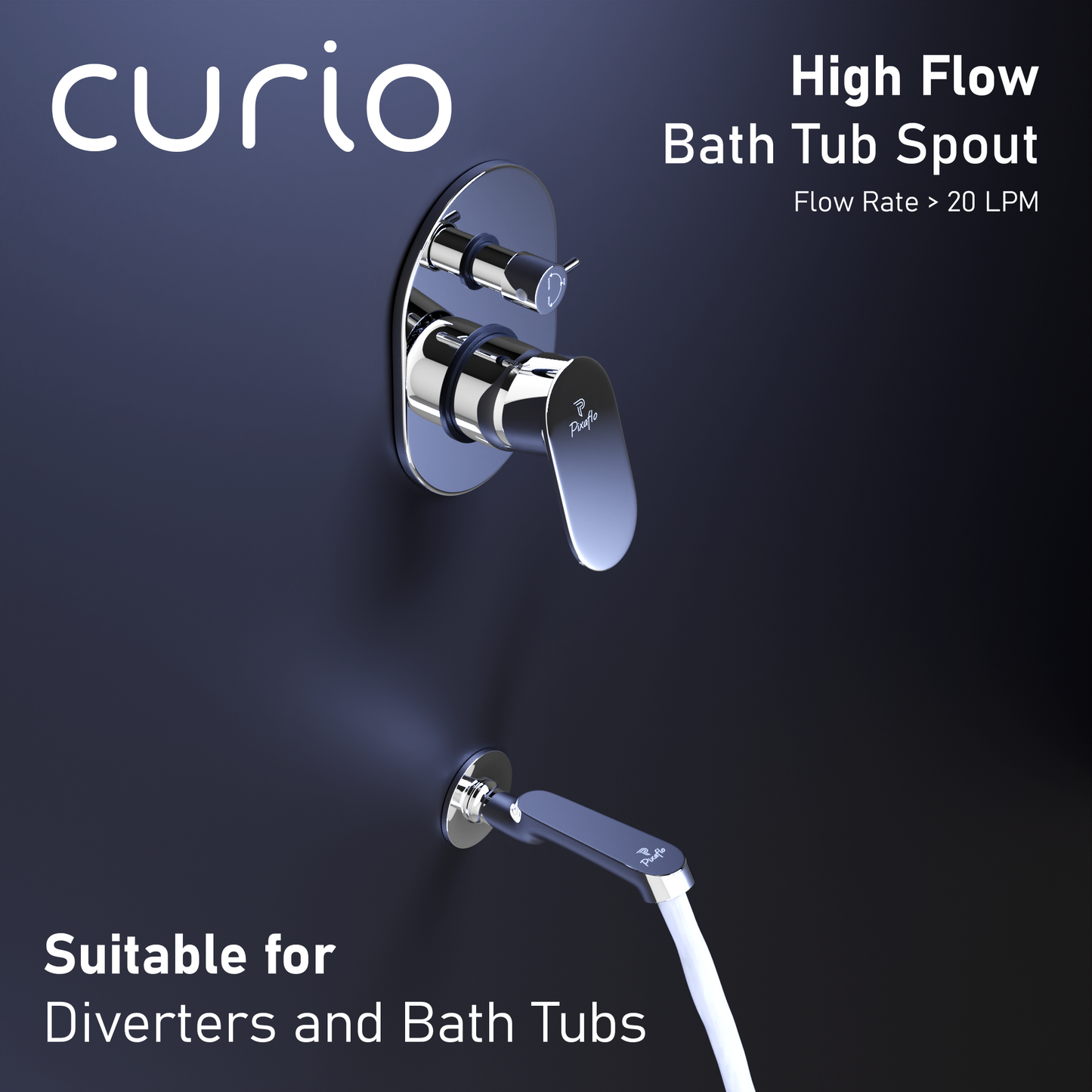 Pixaflo Curio Brass Bath Tub Spout with Wall Flange Combo | High Flow | Chrome | Pack of 2