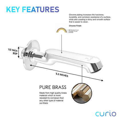 Pixaflo Curio Brass Bath Tub Spout with Wall Flange | High Flow | Chrome