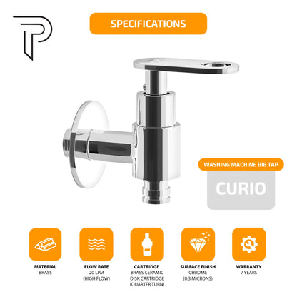 Pixaflo Curio Brass Washing Machine Tap with Wall Flange Combo | Chrome Finish | Pack of 2