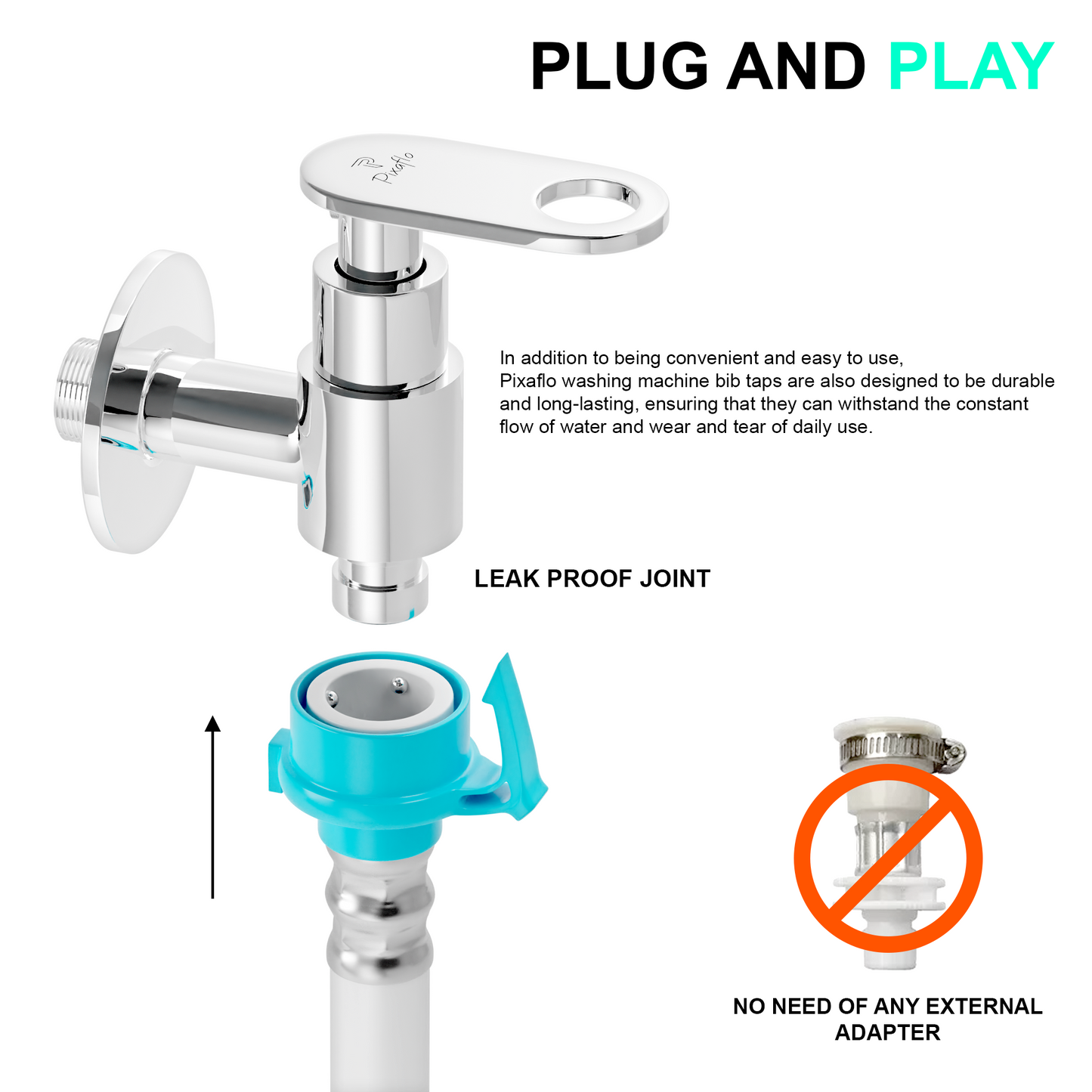Pixaflo Curio Brass Washing Machine Tap with Wall Flange | Chrome Finish