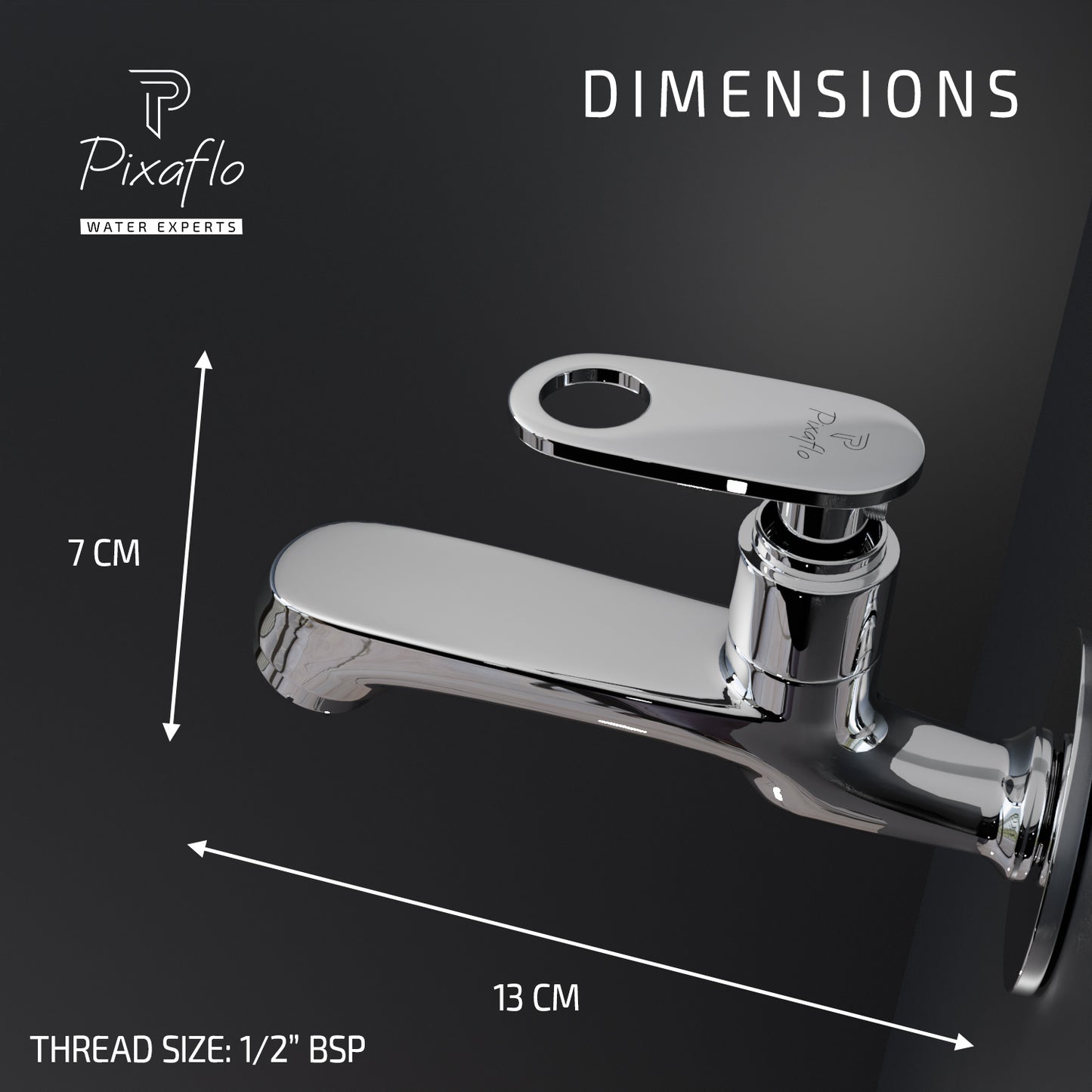 Pixaflo Curio Brass Long Body Bib Cock Tap with Wall Flange (Chrome)
