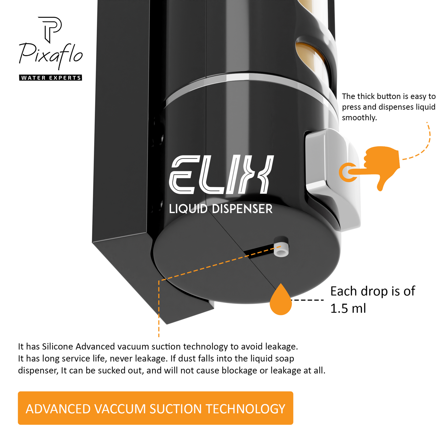 Pixaflo Elix Liquid Sanitizer Shower Gel Dish Wash Soap Dispenser for Bathroom Kitchen | 400 ml Capacity | Wall Mounted | Plastic (Black, Pack of 3)