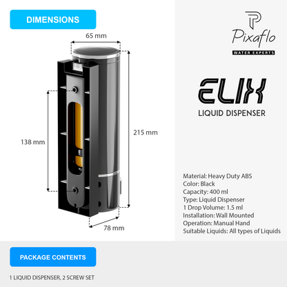 Pixaflo Elix Liquid Sanitizer Shower Gel Dish Wash Soap Dispenser for Bathroom Kitchen | 400 ml Capacity | Wall Mounted | Plastic (Black, Pack of 1)