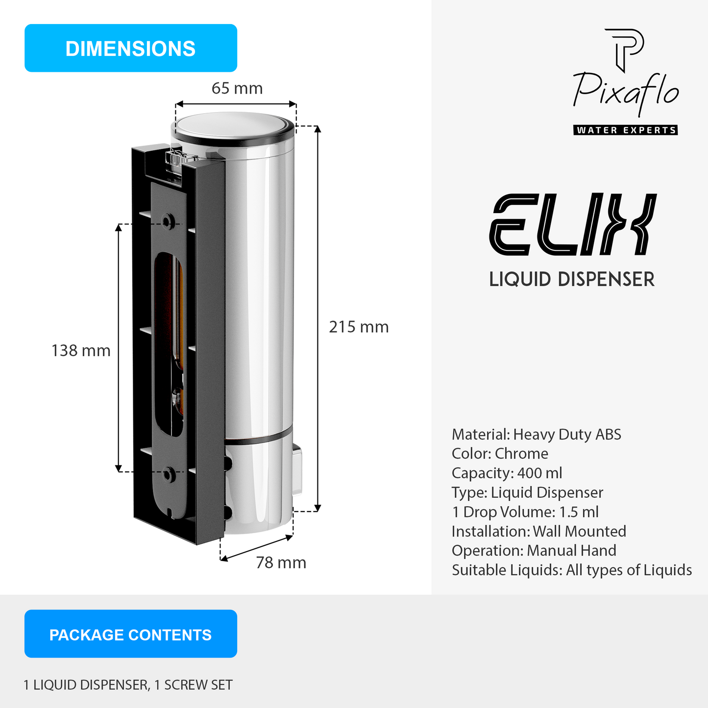 Pixaflo Elix Liquid Sanitizer Shower Gel Dish Wash Soap Dispenser for Bathroom Kitchen Combo | 400 ml Capacity | Wall Mounted | Plastic (Chrome, Pack of 2)