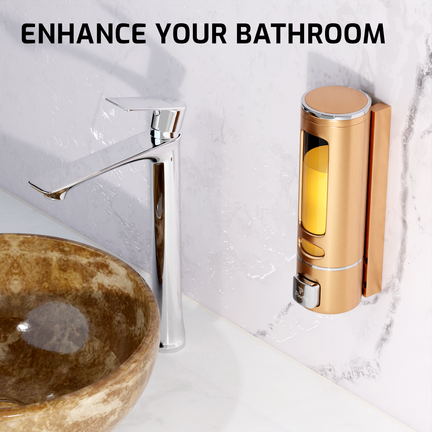 Pixaflo Elix Liquid Sanitizer Shower Gel Dish Wash Soap Dispenser for Bathroom Kitchen Combo | 400 ml Capacity | Wall Mounted | Plastic (Rose Gold, Pack of 2)