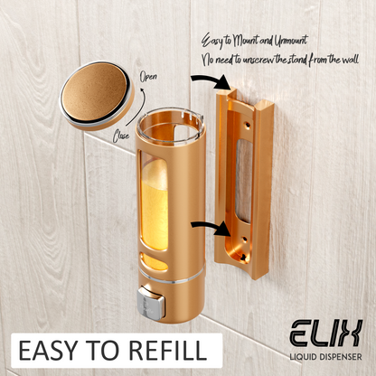 Pixaflo Elix Liquid Sanitizer Shower Gel Dish Wash Soap Dispenser for Bathroom Kitchen Combo | 400 ml Capacity | Wall Mounted | Plastic (Rose Gold, Pack of 2)