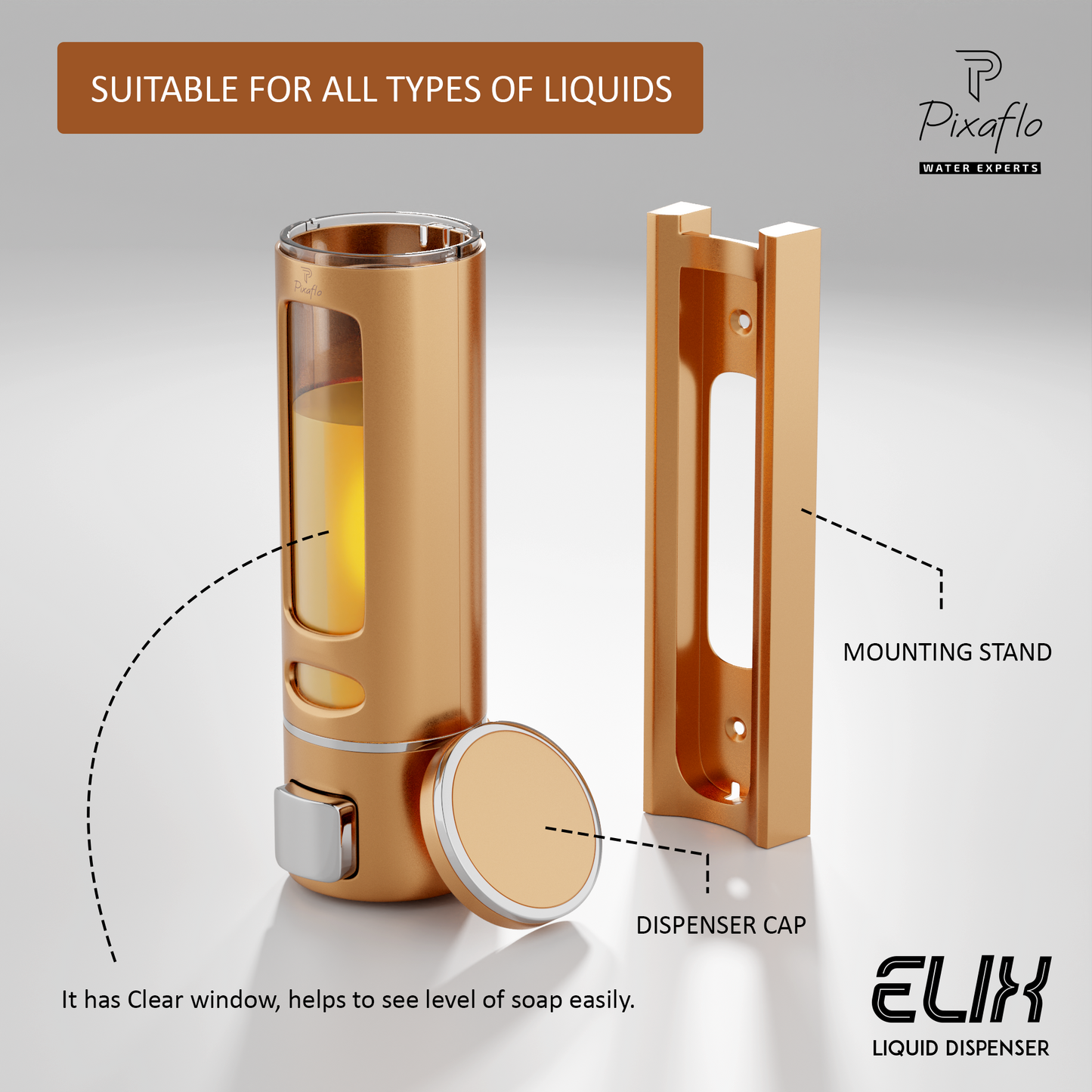 Pixaflo Elix Liquid Sanitizer Shower Gel Dish Wash Soap Dispenser for Bathroom Kitchen | 400 ml Capacity | Wall Mounted | Plastic (Rose Gold, Pack of 1)