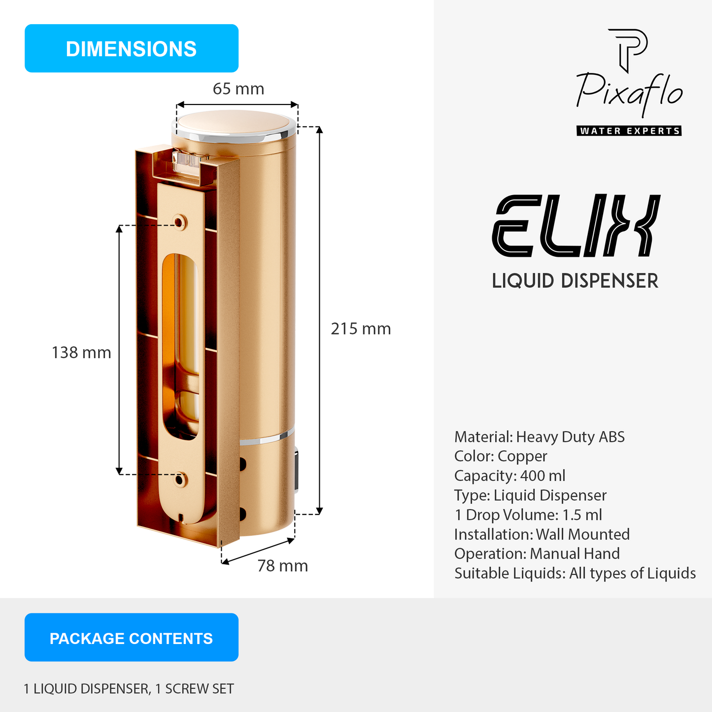 Pixaflo Elix Liquid Sanitizer Shower Gel Dish Wash Soap Dispenser for Bathroom Kitchen | 400 ml Capacity | Wall Mounted | Plastic (Rose Gold, Pack of 1)