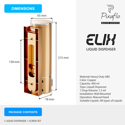 Pixaflo Elix Liquid Sanitizer Shower Gel Dish Wash Soap Dispenser for Bathroom Kitchen | 400 ml Capacity | Wall Mounted | Plastic (Rose Gold, Pack of 1)