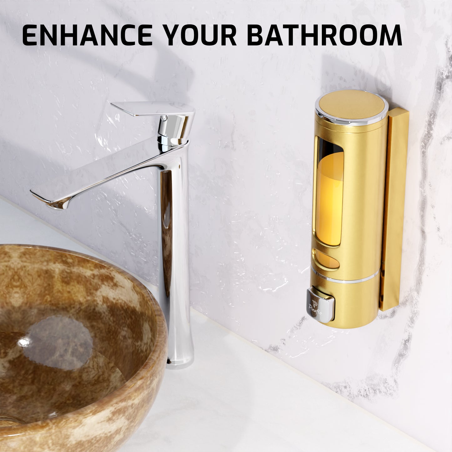 Pixaflo Elix Liquid Sanitizer Shower Gel Dish Wash Soap Dispenser for Bathroom Kitchen Combo | 400 ml Capacity | Wall Mounted | Plastic (Gold, Pack of 2)