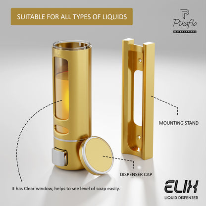 Pixaflo Elix Liquid Sanitizer Shower Gel Dish Wash Soap Dispenser for Bathroom Kitchen Combo | 400 ml Capacity | Wall Mounted | Plastic (Gold, Pack of 2)