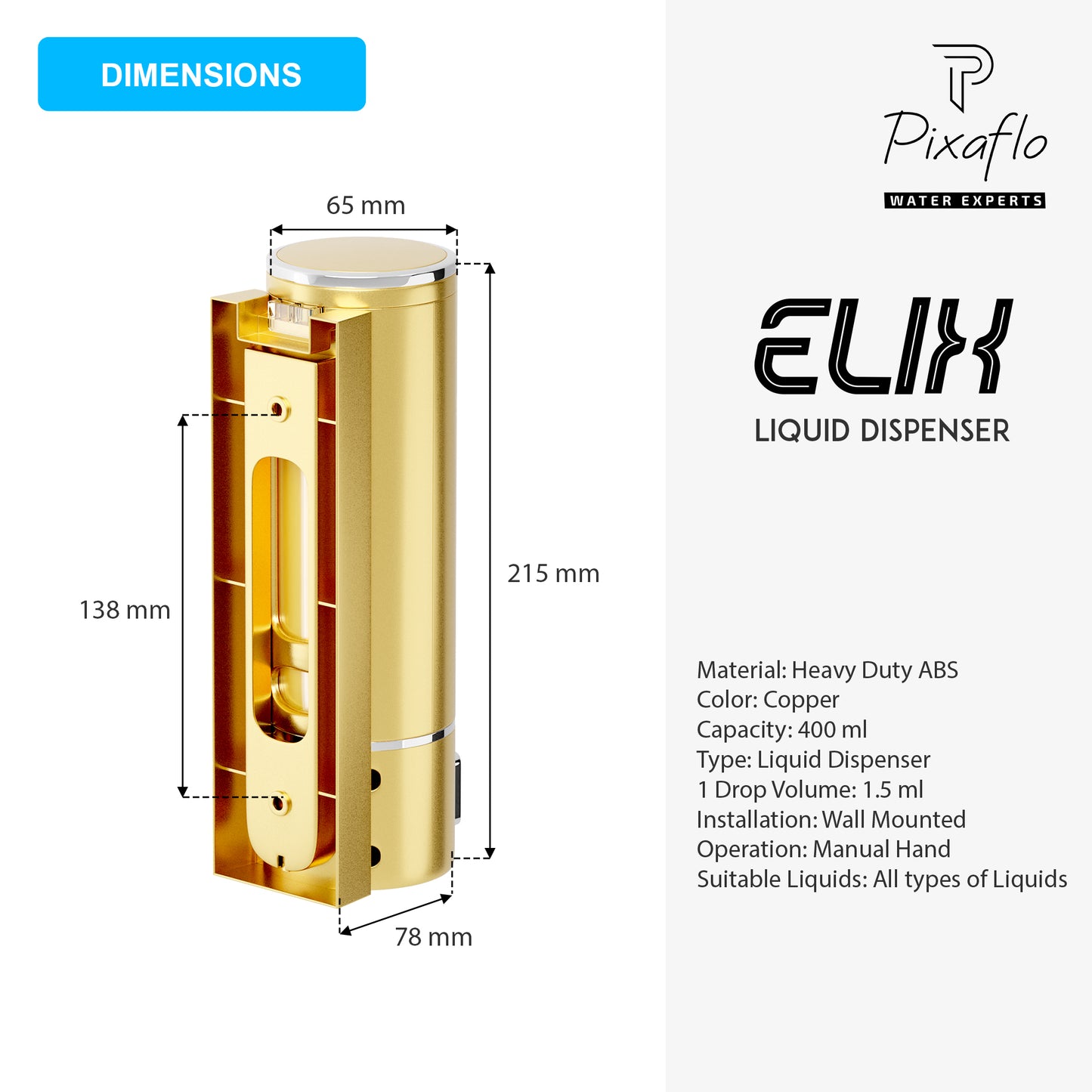 Pixaflo Elix Liquid Sanitizer Shower Gel Dish Wash Soap Dispenser for Bathroom Kitchen Combo | 400 ml Capacity | Wall Mounted | Plastic (Gold, Pack of 2)