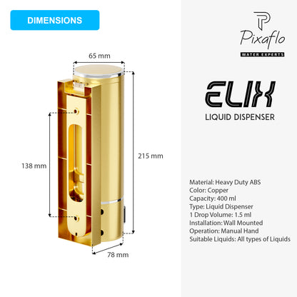 Pixaflo Elix Liquid Sanitizer Shower Gel Dish Wash Soap Dispenser for Bathroom Kitchen Combo | 400 ml Capacity | Wall Mounted | Plastic (Gold, Pack of 2)