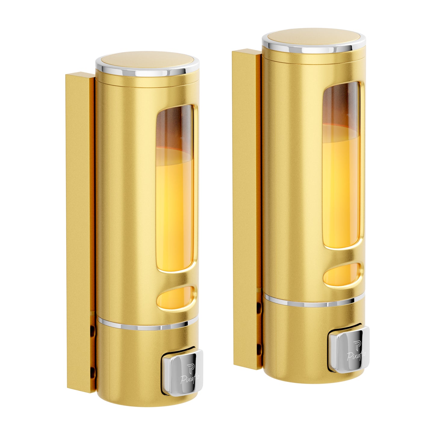 Pixaflo Elix Liquid Sanitizer Shower Gel Dish Wash Soap Dispenser for Bathroom Kitchen Combo | 400 ml Capacity | Wall Mounted | Plastic (Gold, Pack of 2)