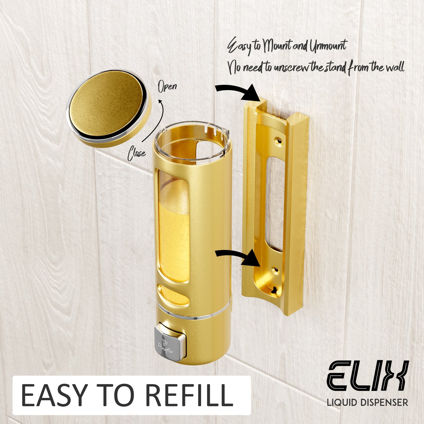 Pixaflo Elix Liquid Sanitizer Shower Gel Dish Wash Soap Dispenser for Bathroom Kitchen Combo | 400 ml Capacity | Wall Mounted | Plastic (Gold, Pack of 2)