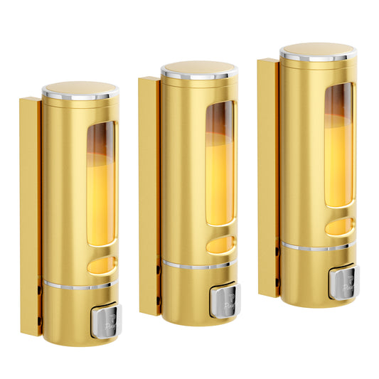 Pixaflo Elix Liquid Sanitizer Shower Gel Dish Wash Soap Dispenser for Bathroom Kitchen | 400 ml Capacity | Wall Mounted | Plastic (Gold, Pack of 3)