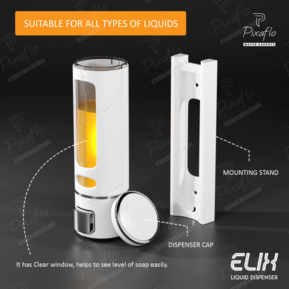 Pixaflo Elix Liquid Sanitizer Shower Gel Dish Wash Soap Dispenser for Bathroom Kitchen | 400 ml Capacity | Wall Mounted | Plastic (White, Pack of 3)