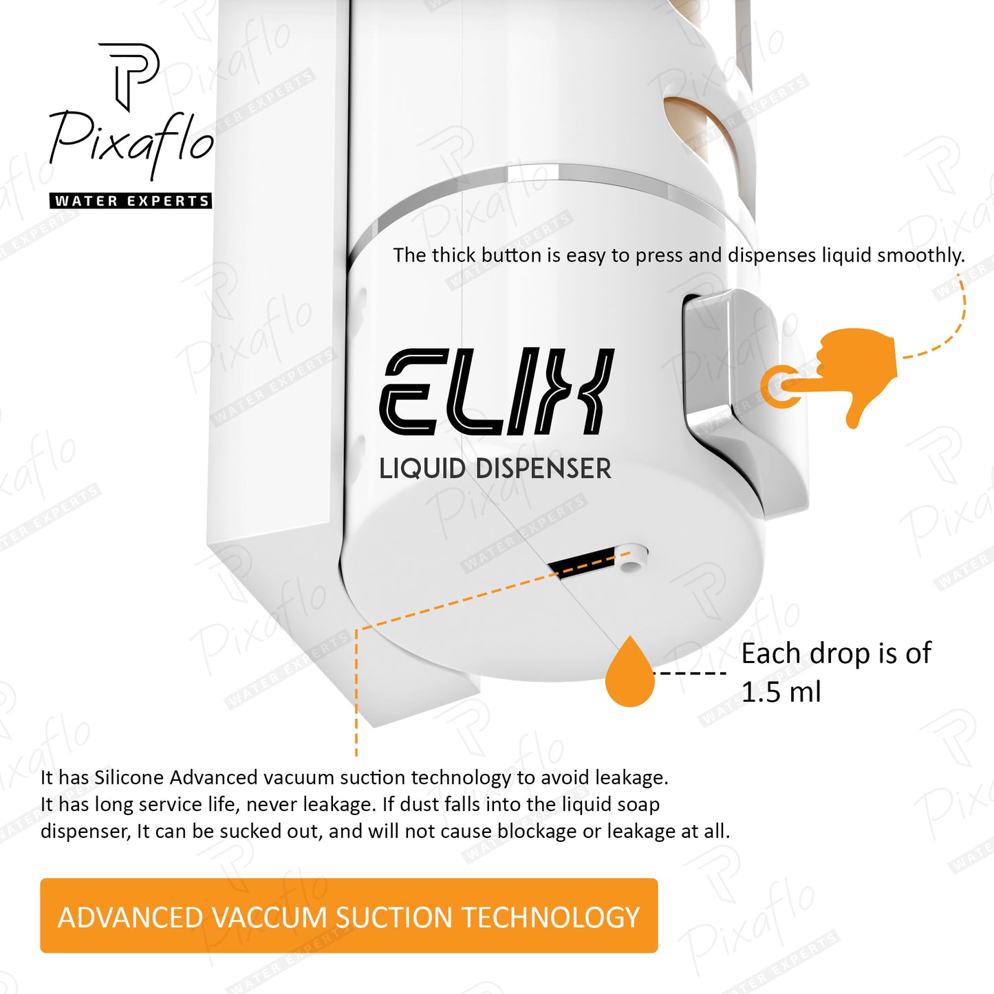Pixaflo Elix Liquid Sanitizer Shower Gel Dish Wash Soap Dispenser for Bathroom Kitchen | 400 ml Capacity | Wall Mounted | Plastic (White, Pack of 1)