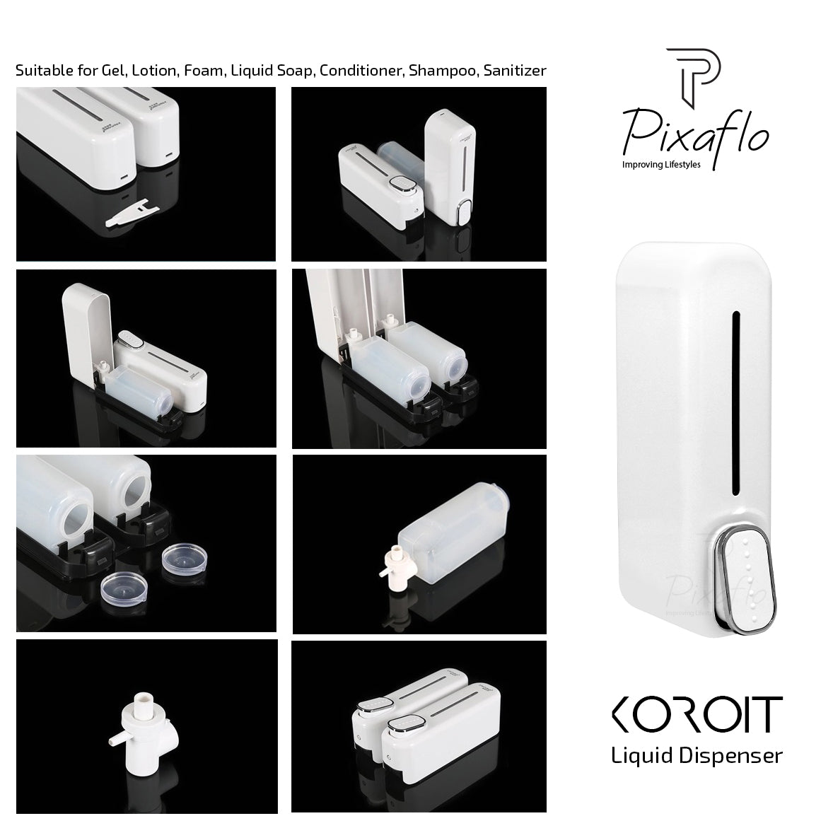 Pixaflo Koroit 350 ml Heavy Duty ABS Plastic Liquid Dispenser | White | Pack of 1