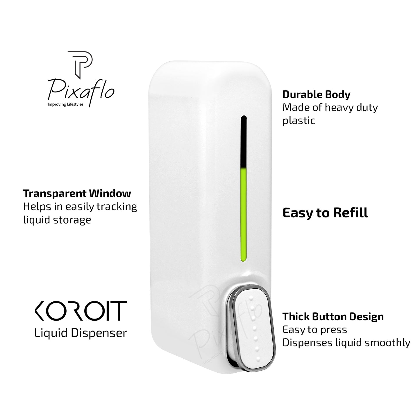 Pixaflo Koroit 350 ml Heavy Duty ABS Plastic Liquid Dispenser | White | Pack of 1
