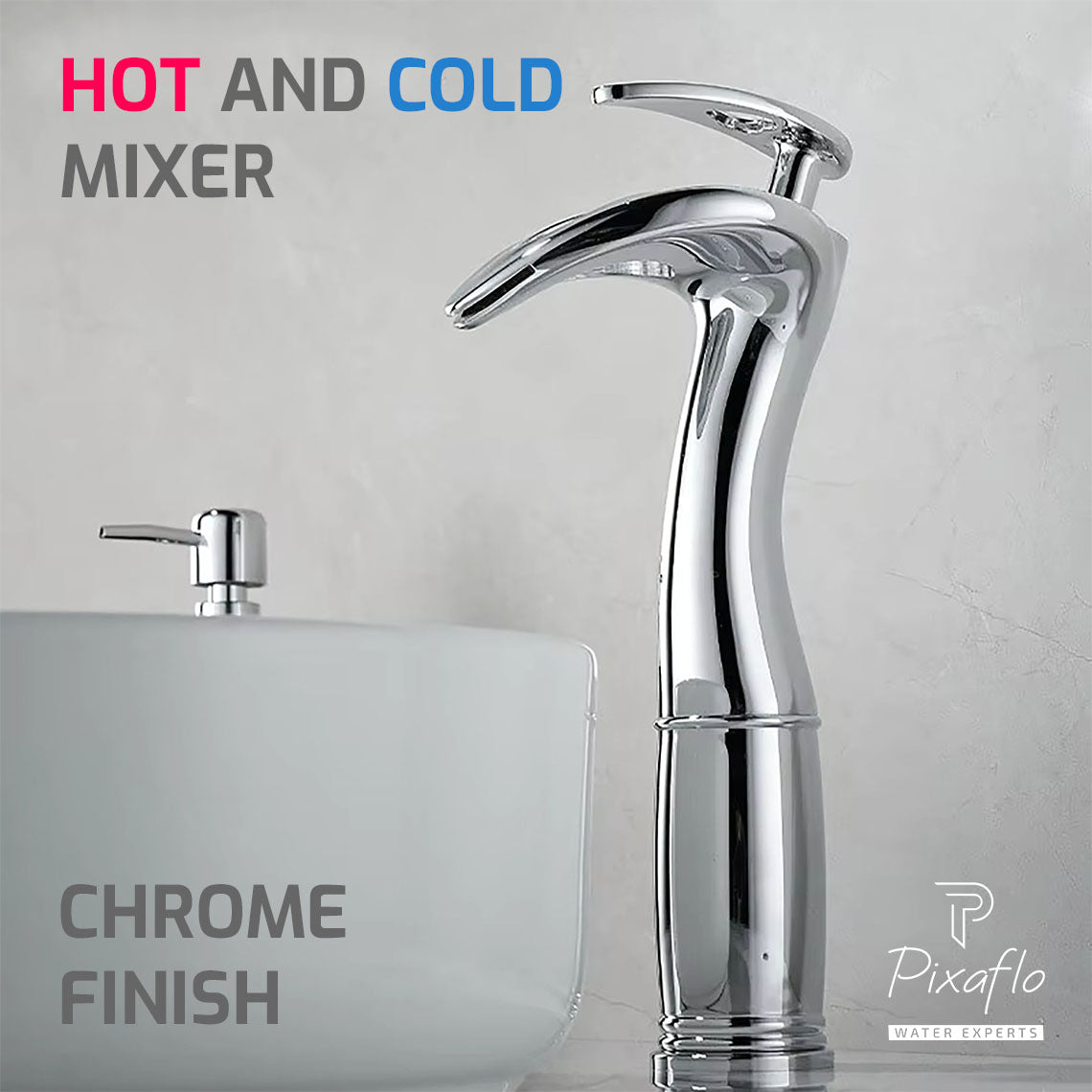 Pixaflo Dolphin Waterfall Brass Single Lever Hot and Cold Basin Mixer with 24 inches Long Braided Hoses | 12 inches Tall | Chrome Finish