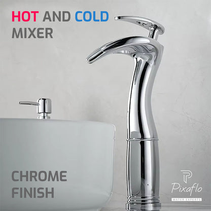 Pixaflo Dolphin Waterfall Brass Single Lever Hot and Cold Basin Mixer with 24 inches Long Braided Hoses | 12 inches Tall | Chrome Finish