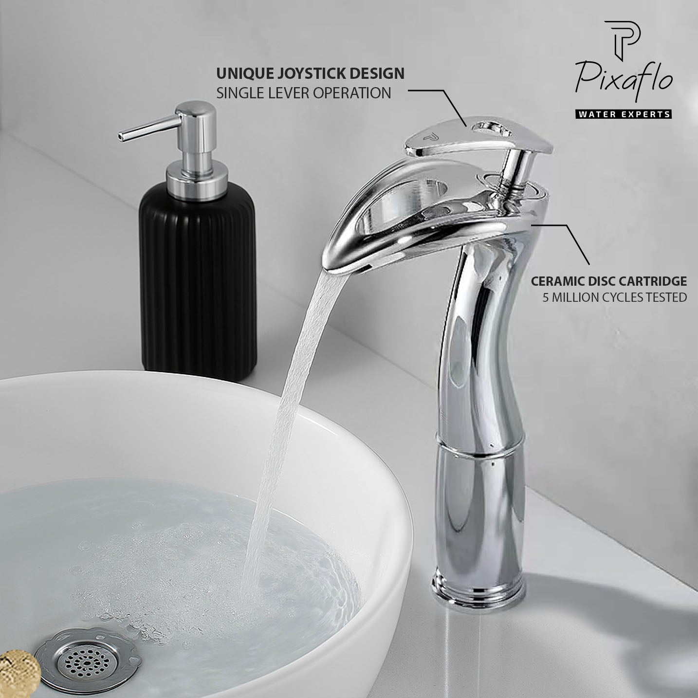 Pixaflo Dolphin Waterfall Brass Single Lever Hot and Cold Basin Mixer with 24 inches Long Braided Hoses | 12 inches Tall | Chrome Finish
