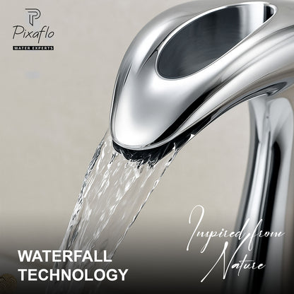 Pixaflo Dolphin Waterfall Brass Single Lever Hot and Cold Basin Mixer with 24 inches Long Braided Hoses | 12 inches Tall | Chrome Finish