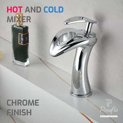 Pixaflo Dolphin Waterfall Brass Single Lever Hot and Cold Basin Mixer with 18 inches Long Braided Hoses | Chrome Finish