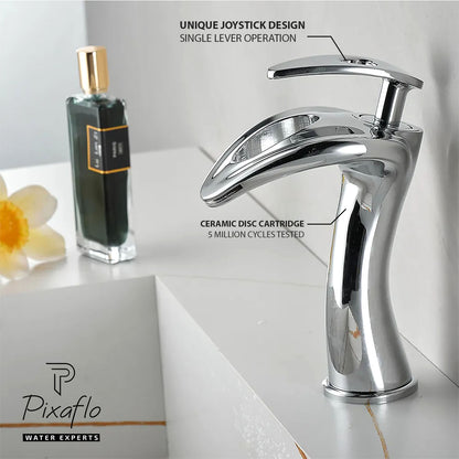 Pixaflo Dolphin Waterfall Brass Single Lever Hot and Cold Basin Mixer with 18 inches Long Braided Hoses | Chrome Finish