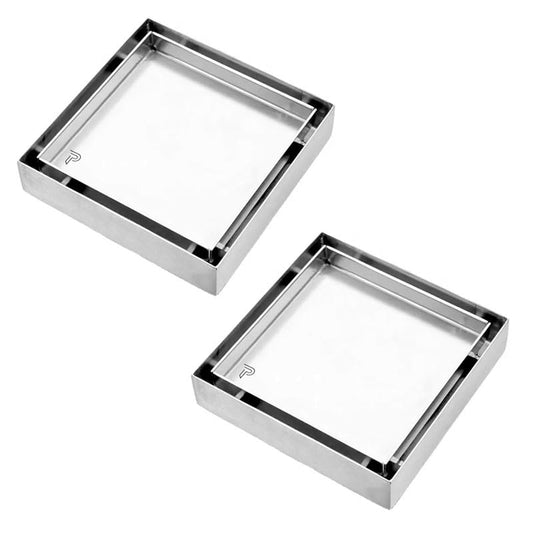 Pixaflo Square Tile Insert Floor Drain Combo | 5 x 5 Inches | 304 Stainless Steel | Invisible Shower Drain Channel | Waste Water Floor Drain for 13mm Tile | Drainer Channel | Anti Cockroach Trap | Silver | Pack of 2
