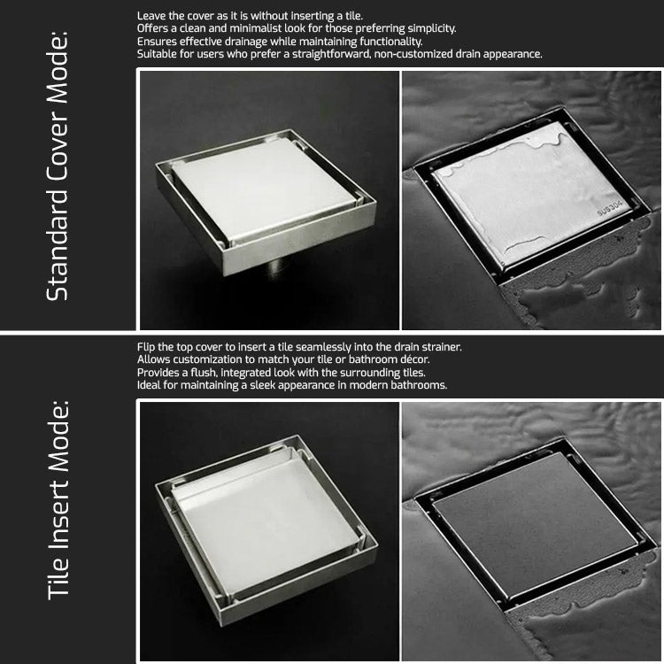 Pixaflo Square Tile Insert Floor Drain | 5 x 5 Inches | 304 Stainless Steel | Invisible Shower Drain Channel | Waste Water Floor Drain for 13mm Tile | Drainer Channel | Anti Cockroach Trap | Silver