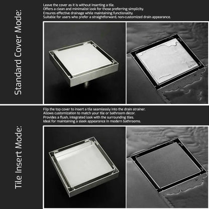 Pixaflo Square Tile Insert Floor Drain | 5 x 5 Inches | 304 Stainless Steel | Invisible Shower Drain Channel | Waste Water Floor Drain for 13mm Tile | Drainer Channel | Anti Cockroach Trap | Silver