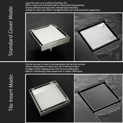 Pixaflo Square Tile Insert Floor Drain Combo | 5 x 5 Inches | 304 Stainless Steel | Invisible Shower Drain Channel | Waste Water Floor Drain for 13mm Tile | Drainer Channel | Anti Cockroach Trap | Silver | Pack of 2
