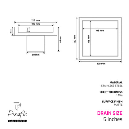 Pixaflo Square Tile Insert Floor Drain | 5 x 5 Inches | 304 Stainless Steel | Invisible Shower Drain Channel | Waste Water Floor Drain for 13mm Tile | Drainer Channel | Anti Cockroach Trap | Silver