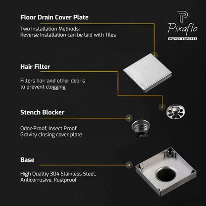 Pixaflo Square Tile Insert Floor Drain | 5 x 5 Inches | 304 Stainless Steel | Invisible Shower Drain Channel | Waste Water Floor Drain for 13mm Tile | Drainer Channel | Anti Cockroach Trap | Silver