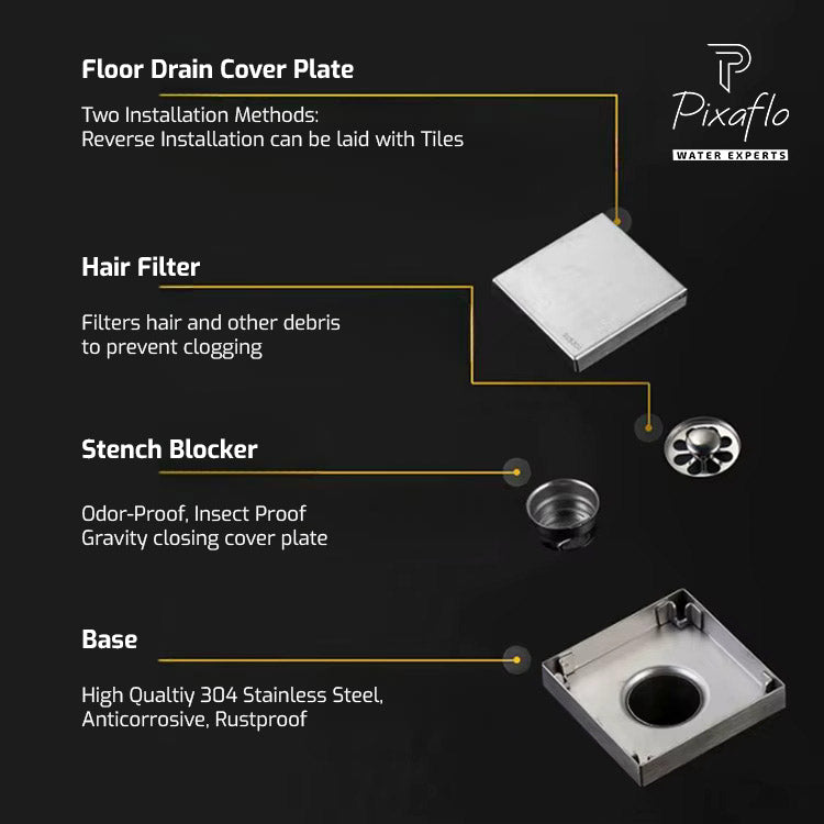 Pixaflo Square Tile Insert Floor Drain Combo | 5 x 5 Inches | 304 Stainless Steel | Invisible Shower Drain Channel | Waste Water Floor Drain for 13mm Tile | Drainer Channel | Anti Cockroach Trap | Silver | Pack of 2