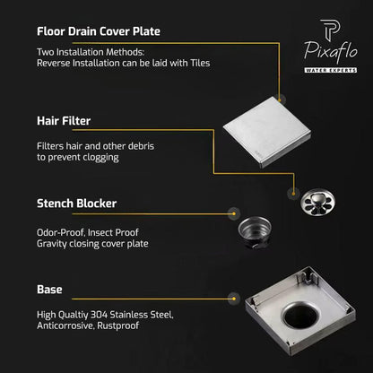 Pixaflo Square Tile Insert Floor Drain Combo | 5 x 5 Inches | 304 Stainless Steel | Invisible Shower Drain Channel | Waste Water Floor Drain for 13mm Tile | Drainer Channel | Anti Cockroach Trap | Silver | Pack of 2