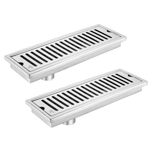 Pixaflo Vertical Shower Drain Channel Combo | 12 x 4 Inches | 304 Stainless Steel Shower Water Drain Channel | Floor Drain Jali with Collar | Side Hole | Pack of 2
