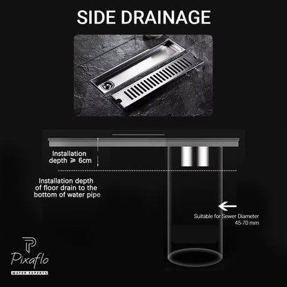 Pixaflo Vertical Shower Drain Channel | 12 × 4 Inches | 304 Stainless Steel Shower Water Drain Channel | Floor Drain Jali with Collar | Side Hole