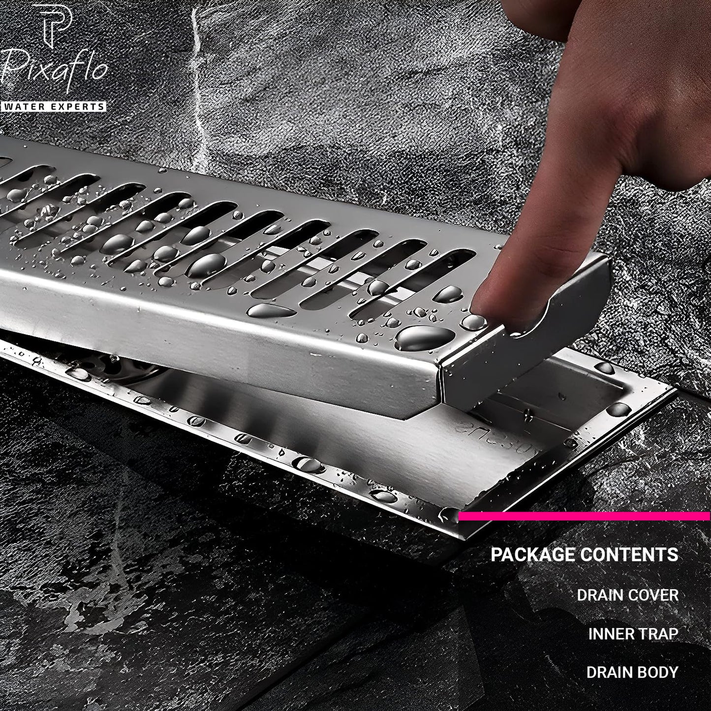 Pixaflo Vertical Shower Drain Channel | 12 × 4 Inches | 304 Stainless Steel Shower Water Drain Channel | Floor Drain Jali with Collar | Side Hole