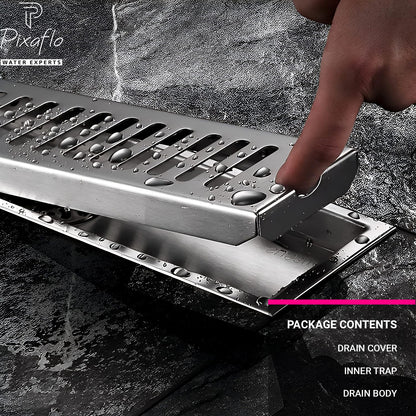 Pixaflo Vertical Shower Drain Channel | 12 × 4 Inches | 304 Stainless Steel Shower Water Drain Channel | Floor Drain Jali with Collar | Side Hole