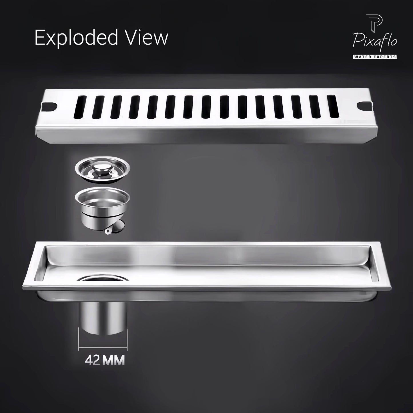 Pixaflo Vertical Shower Drain Channel | 12 × 4 Inches | 304 Stainless Steel Shower Water Drain Channel | Floor Drain Jali with Collar | Side Hole