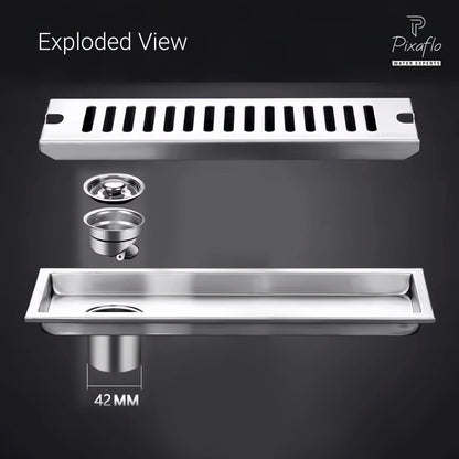 Pixaflo Vertical Shower Drain Channel | 12 × 4 Inches | 304 Stainless Steel Shower Water Drain Channel | Floor Drain Jali with Collar | Side Hole