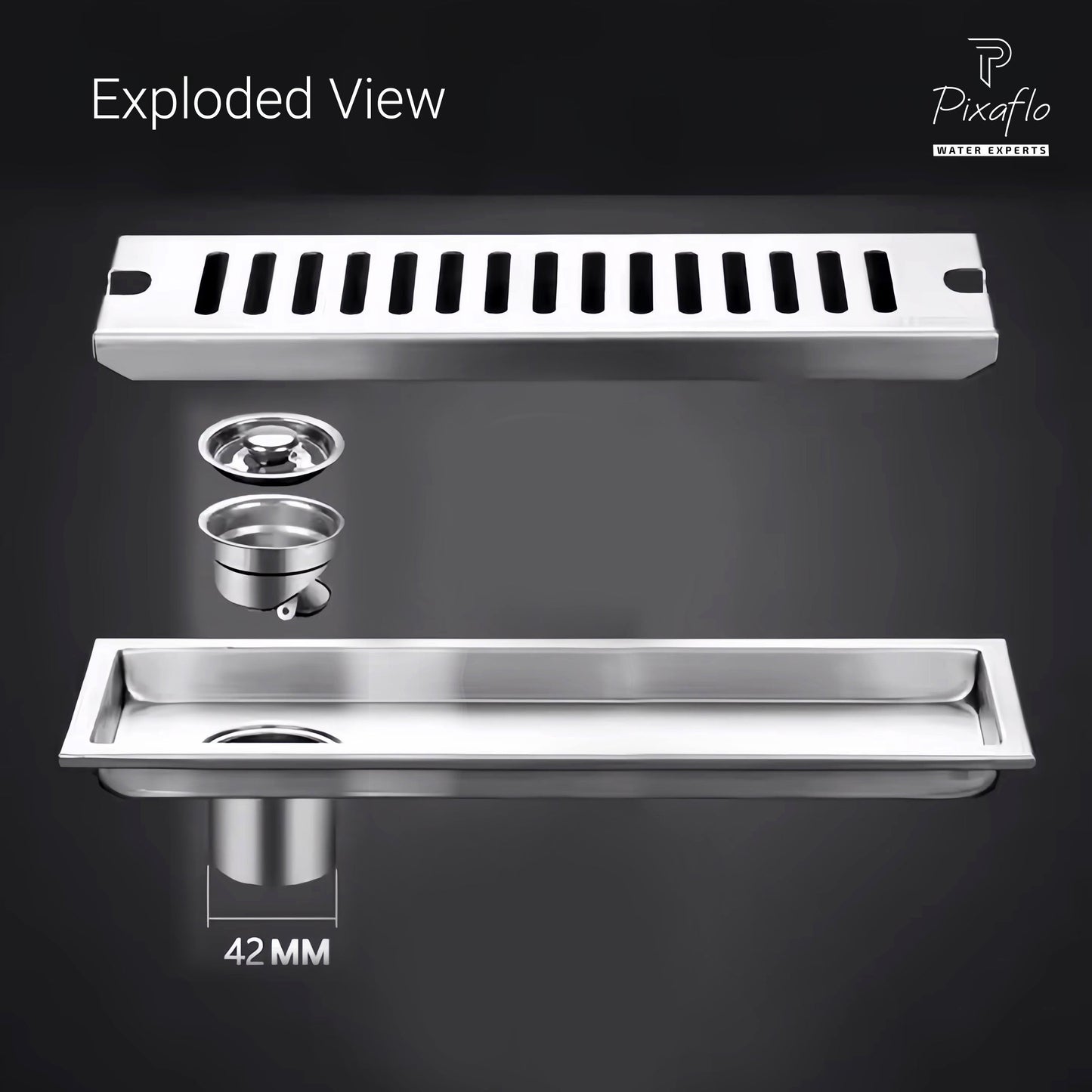 Pixaflo Vertical Shower Drain Channel Combo | 12 x 4 Inches | 304 Stainless Steel Shower Water Drain Channel | Floor Drain Jali with Collar | Side Hole | Pack of 2