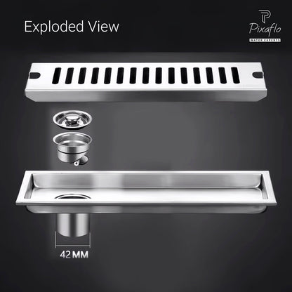 Pixaflo Vertical Shower Drain Channel Combo | 12 x 4 Inches | 304 Stainless Steel Shower Water Drain Channel | Floor Drain Jali with Collar | Side Hole | Pack of 2