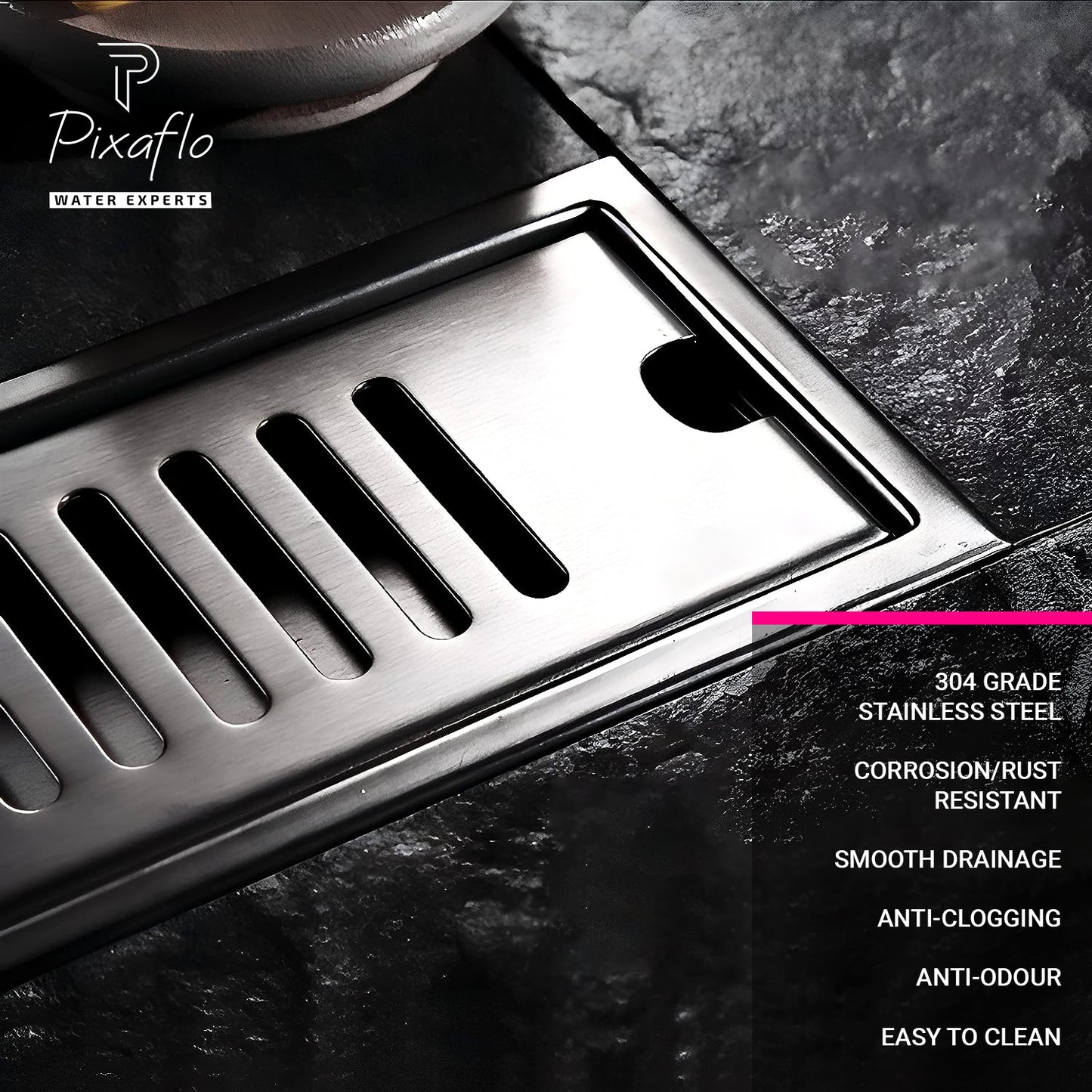 Pixaflo Vertical Shower Drain Channel | 12 × 4 Inches | 304 Stainless Steel Shower Water Drain Channel | Floor Drain Jali with Collar | Side Hole